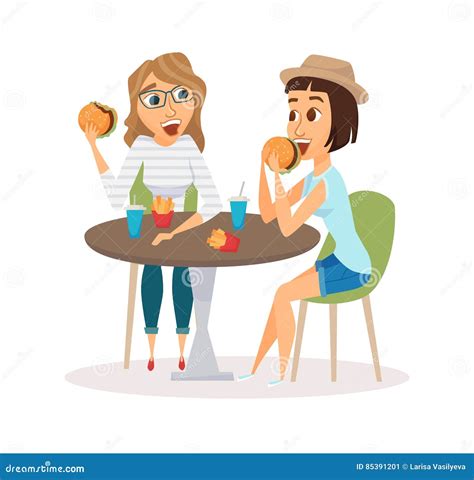 Two Women Eating Hamburger And Drinking Soda Stock Image