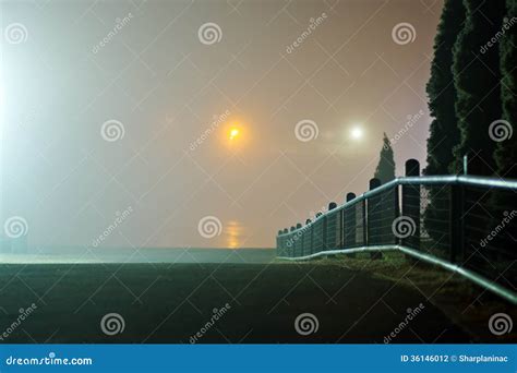 Fence In The Park At Foggy Night Stock Photo Image Of Mystical