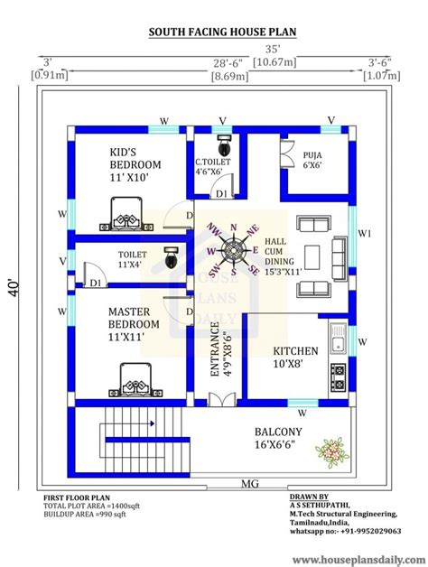 2bhk Floor Plan 1000 Sqft House Plan South Facing Plan House Plan