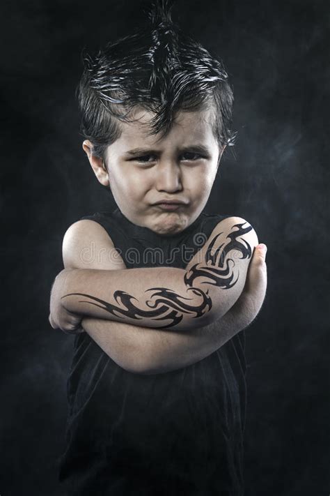 Tattooed Boy Rebellious Child Funny Guy With Slicked Back Hair Stock
