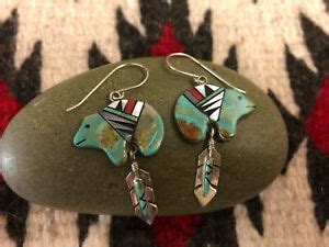 Handmade Native Southwest Turquoise Inlay Bear Feather Sterling Silver