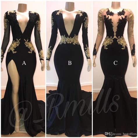 Sexy Deep V Neck Long Mermaid Black Prom Dresses 2019 Gorgeous Golden