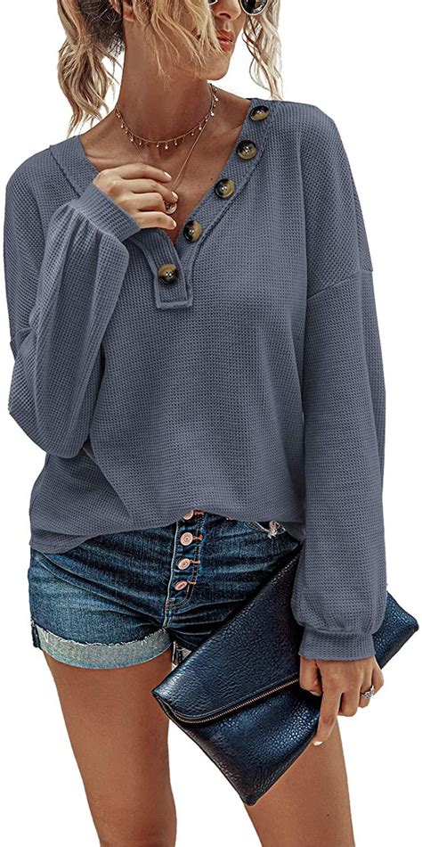 Adibosy Womens Waffle Knit Tunic Blouse V Neck Button Lantern Sleeve