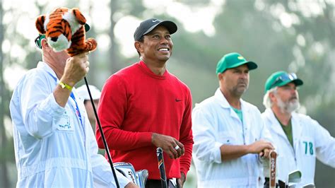 Masters Champion Tiger Woods Has A Laugh On The No 1 Hole During Round