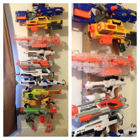 Used various hooks, wood screws, and nails to mount the guns. DIY Nerf gun rack- used a ladder from an old bunk bed ...