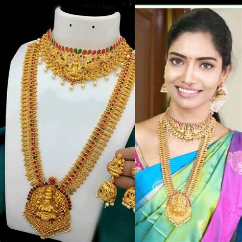 gold plated south indian lakshmi temple jewelry necklace set etsy
