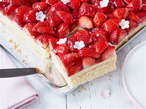 Er krümelt nicht so beim durchschneiden, wie der klassische biskuit. Erdbeerkuchen vom Blech mit Pudding | Rezept in 2020 ...