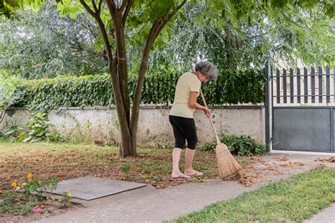 Working With Broom Sweeps Lawn From Fallen Leaves Stock Photos
