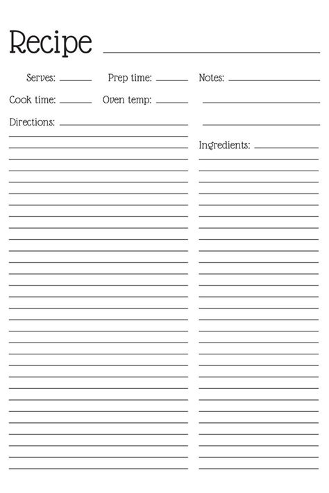 Simple Black And White Printable Recipe Template Printable Etsy