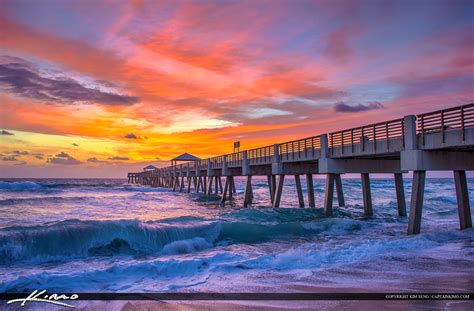 Juno Beach Pier Sunrise With Wave Hdr Photography By