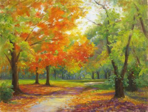 An Oil Painting Of Trees And Leaves On A Path In The Fall Season With