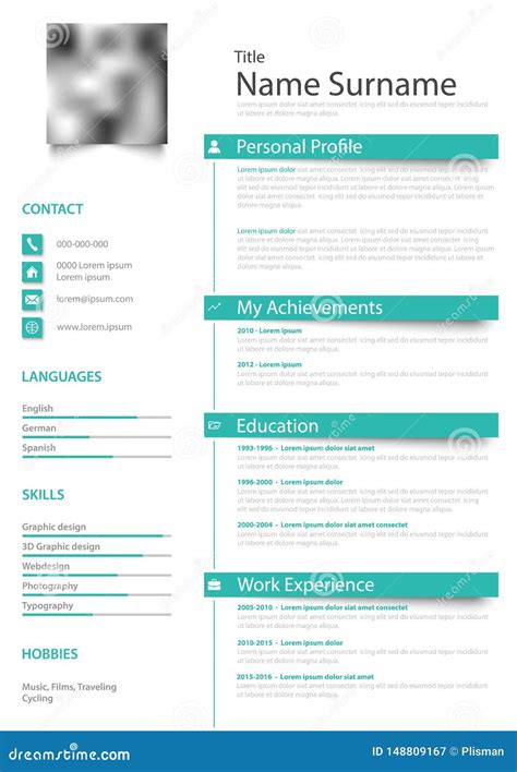 Professional Personal Resume Cv With Labels Teal Blue White Design