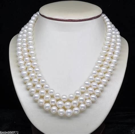 3 Strand 8 9mm White Akoya Cultured Pearl Necklace 18 19 21 Inch Aaa