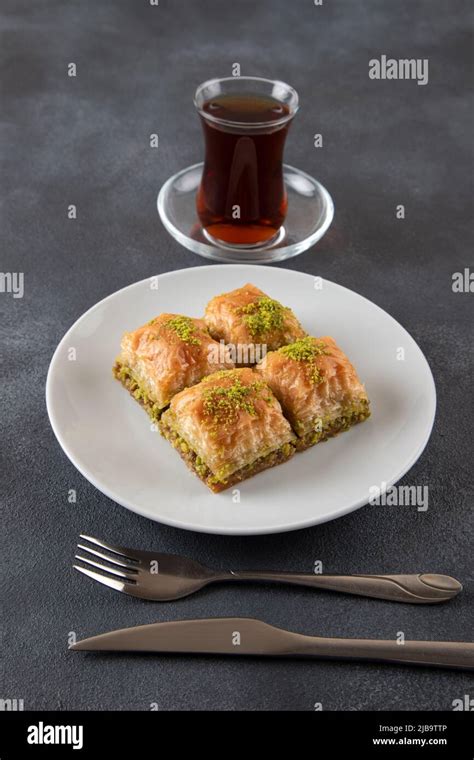 Traditional Pistachio Baklava With Turkish Tea Stock Photo Alamy
