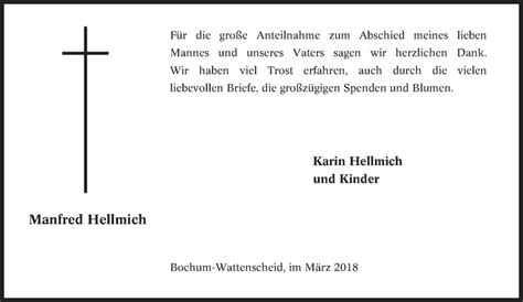 Traueranzeigen Von Manfred Hellmich Trauer In NRW De