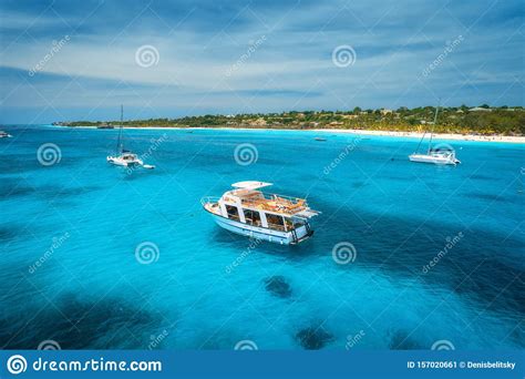 Aerial View Of Boats And Yachts On Tropical Sea Coast In Summer Stock Image Image Of Shore
