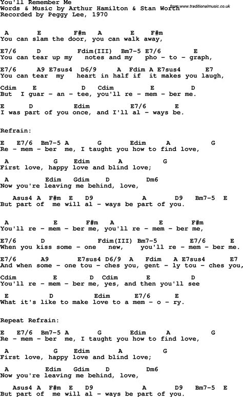 Song Lyrics With Guitar Chords For Youll Remember Me Peggy Lee 1970