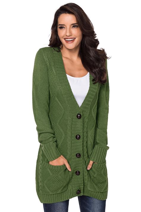Nikole Women Open Front Pocket Button Knit Cardigan Sweaters Green