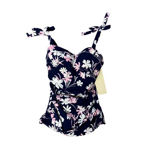 Gottex Profile New Navy Blue Pink Floral Tie Straps Underwire Ruched