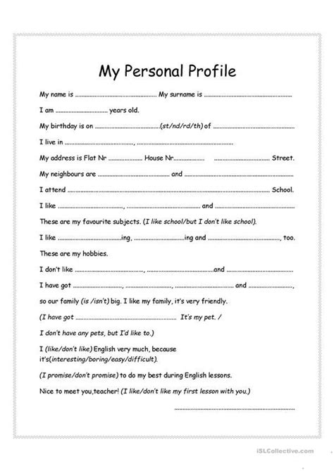 My Personal Profile Writing Sentences Worksheets Job Resume Examples