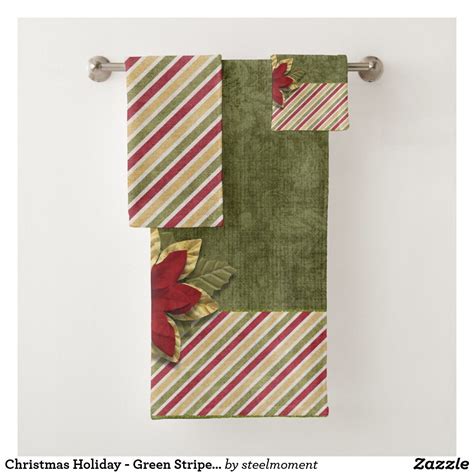 Christmas Holiday Green Stripes And Pontsettia Bath Towel Set Zazzle