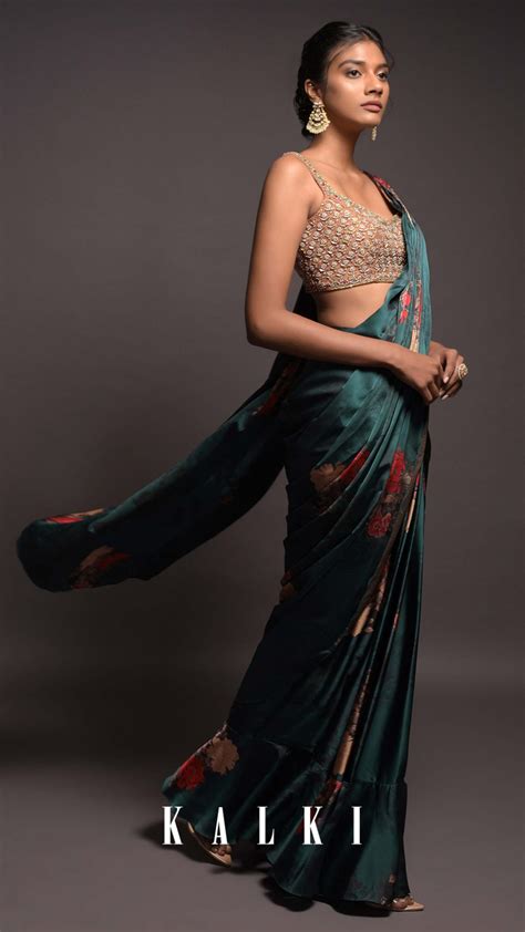 Emerald Green Ready Pleated Saree In Satin With Floral Print And Ruffle