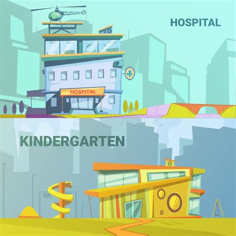 Hospital And Kindergarten Building Retro Cartoon Stock Vector