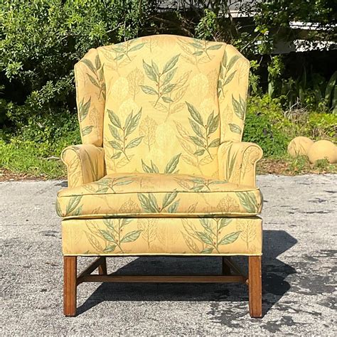 Vintage Boho Leaf Printed Wingback Chair For Sale at 1stDibs