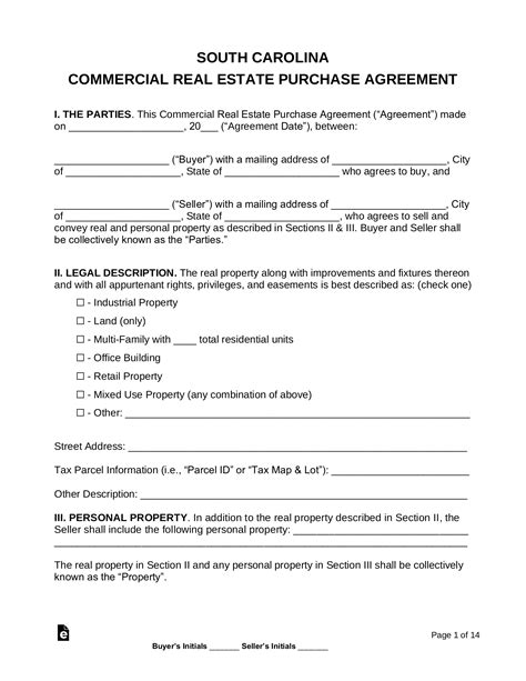 Free South Carolina Commercial Real Estate Purchase and Sale Agreement
