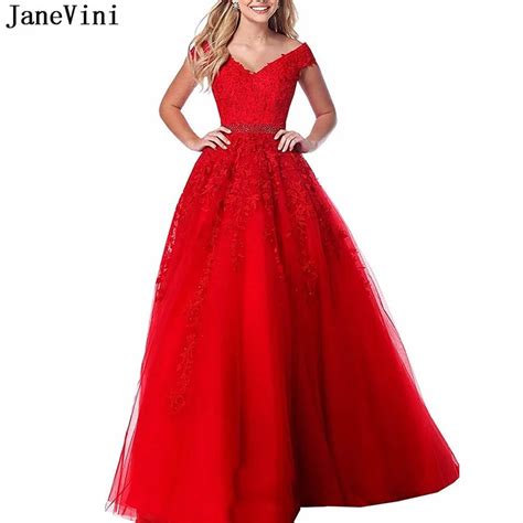 Janevini 2019 Elegant Red Plus Size Prom Dresses Long V Neck Lace