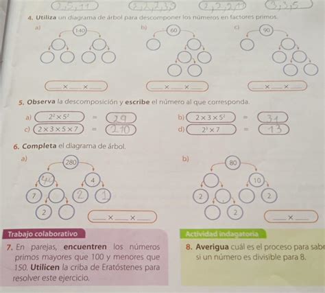 Utiliza un diagrama de árbol para descomponer los números en factores