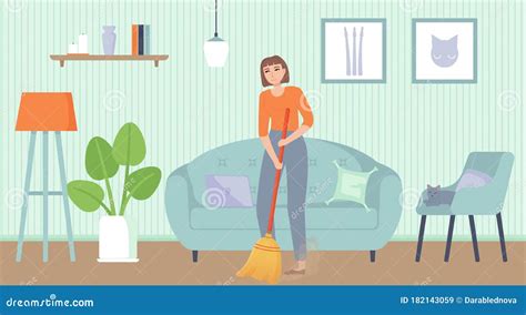Girl Sweeping Floor Home Chores Household Duties Cleaning Concept Stock Vector Illustration