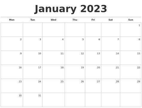 January 2023 Blank Monthly Calendar