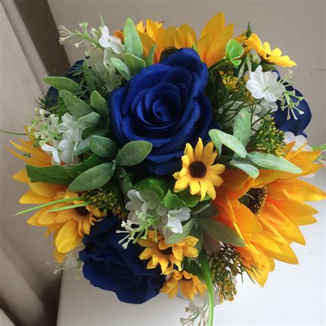 A Collection Of Wedding Bouquets Featuring Sunflowers And Royal Blue