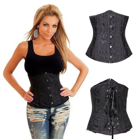 Buy Black Gothic Satin Embroidery Steel Corset Underbust Lingerie Lace Up
