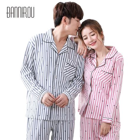 Lovers Pyjamas Matching Cotton Striped Full Lapel Cotton Sets Couple Pajamas Suits Night Sleep