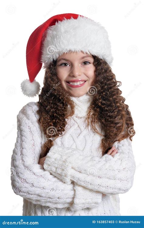 Portrait Of Smiling Little Girl In Santa Hat Stock Image Image Of
