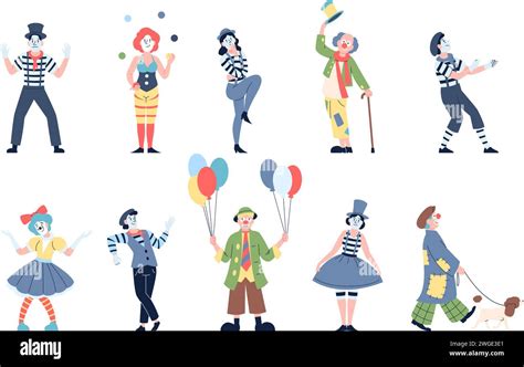 Mimes And Clowns Circus Characters Mime Clown In Bright Costumes