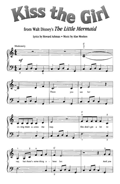 Printable sheet music for piano. KISS THE GIRL The Little Mermaid Easy Piano Sheet music - Guitar chords - Walt Disney | Easy ...