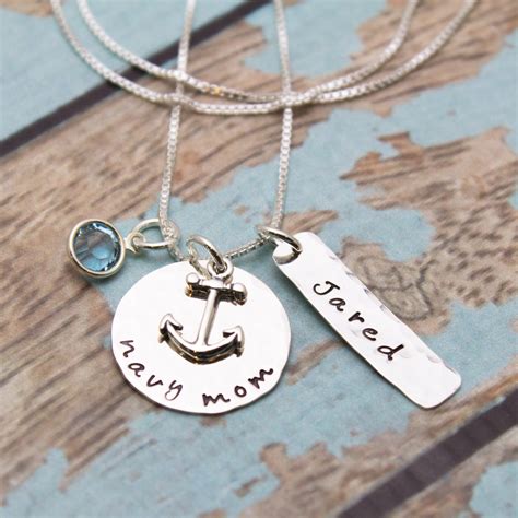 Navy Mom Necklace In Sterling Silver With Anchor Charm Name And