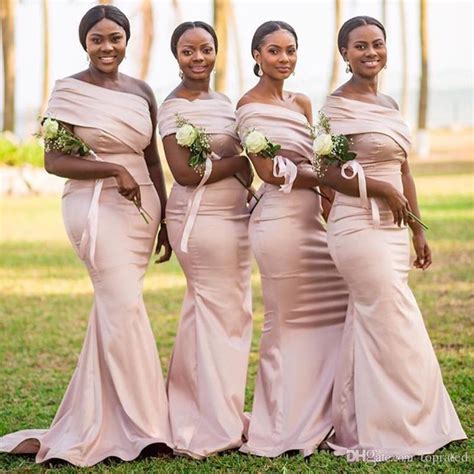 African Mermaid Bridesmaids Dresses Off The Shoulder Satin New Pink Color Long Sexy Girl Wedding