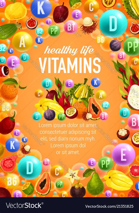 Vitamins And Minerals Poster With Fruits Vector Image