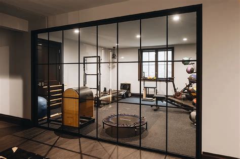 Home Gym With Glass Sliding Door On Rails Transitional Media Room