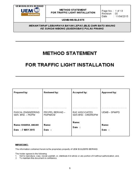 Method Statement For Traffic Light Installation 1 Pdf Traffic Light