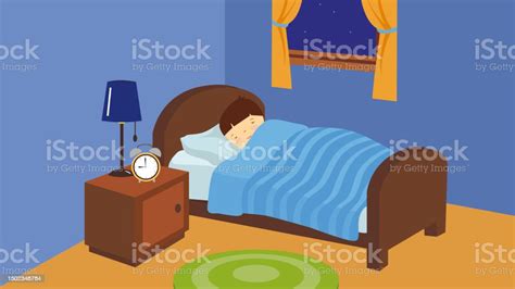 A Man Sleeping In His Bed With An Alarm Clock Stock Illustration