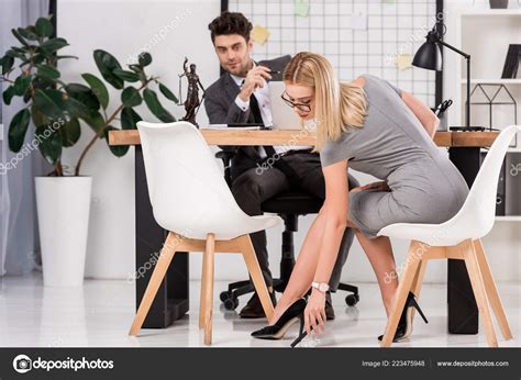 Young Businesswoman Flirting Business Colleague Workplace Laptop Office