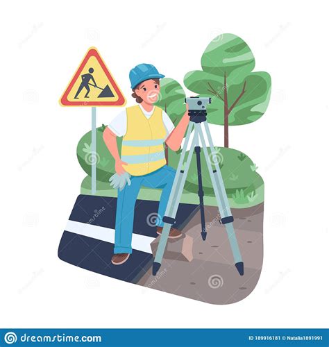 Caucasian Surveyor Builder Working With Theodolite Cartoon Vector
