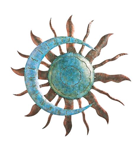 Handcrafted Blue And Copper Colored Recycled Metal Moon And Sun Wall Art Eligible For Shipping