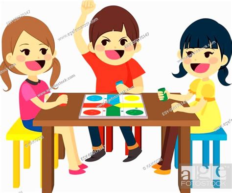 Three Happy Friends Kids Sitting Playing Board Game Stock Vector