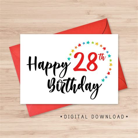 Printable Happy 28th Birthday Card Instant Download Pdf Etsy